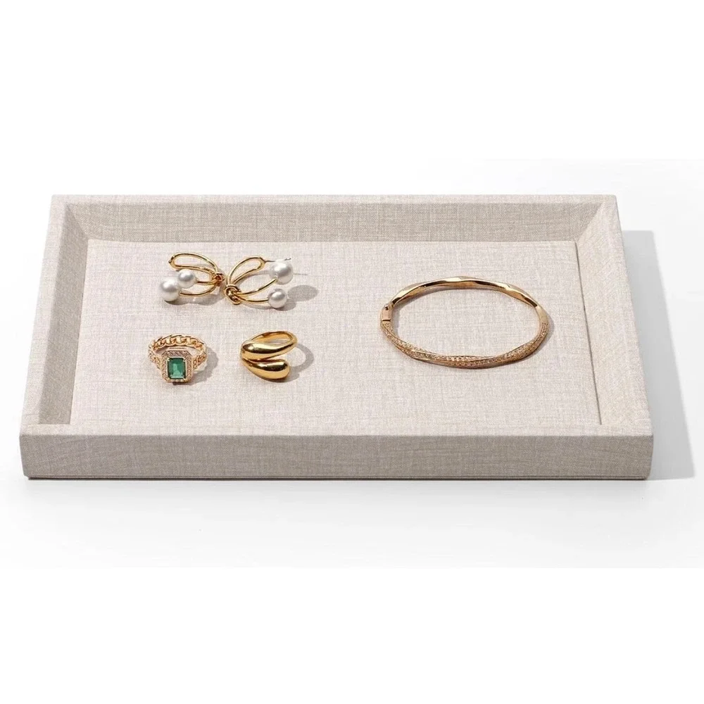 Linen Jewelry Display Tray Beige Stackable Organizer Showcase P09802